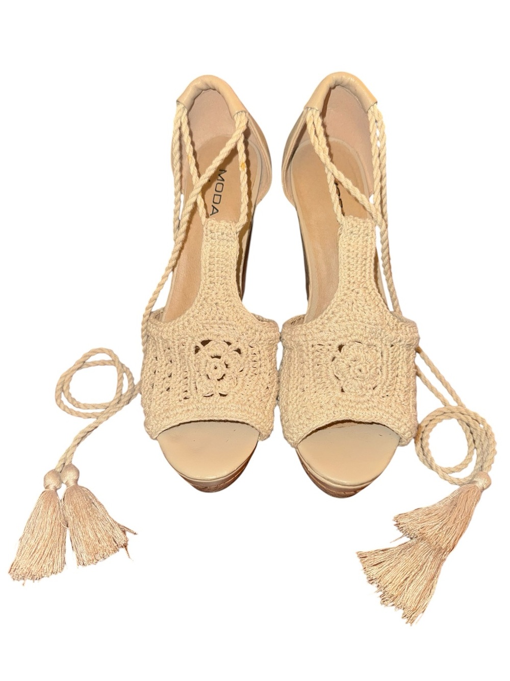 Moda Spana Lace Up Wrap Wedge Sandals Tan Cork Boho Tassel Heels Sz 6